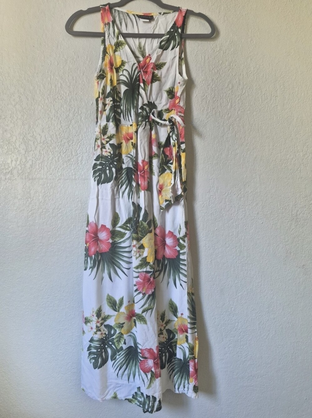 Puanani Hawaii Tropical White Floral Maxi Dress Faux Tie Size XSmall